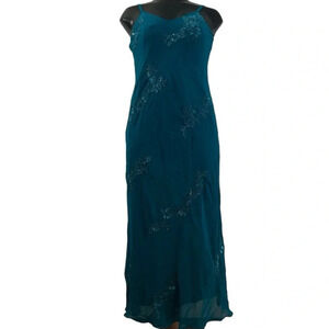Scala Floral Beaded Sequin Sleeveless Chiffon Slip Dress Teal V-Neck XXL NWT